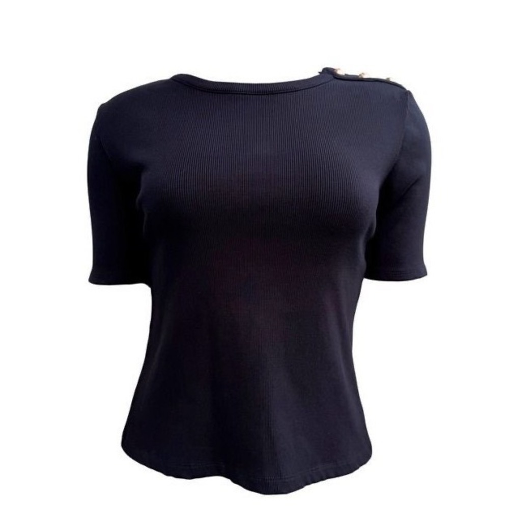 Tahari Ribbed Knit Top Black Gold Crest Shoulder Buttons‎ Sz M Quiet Luxury Chic